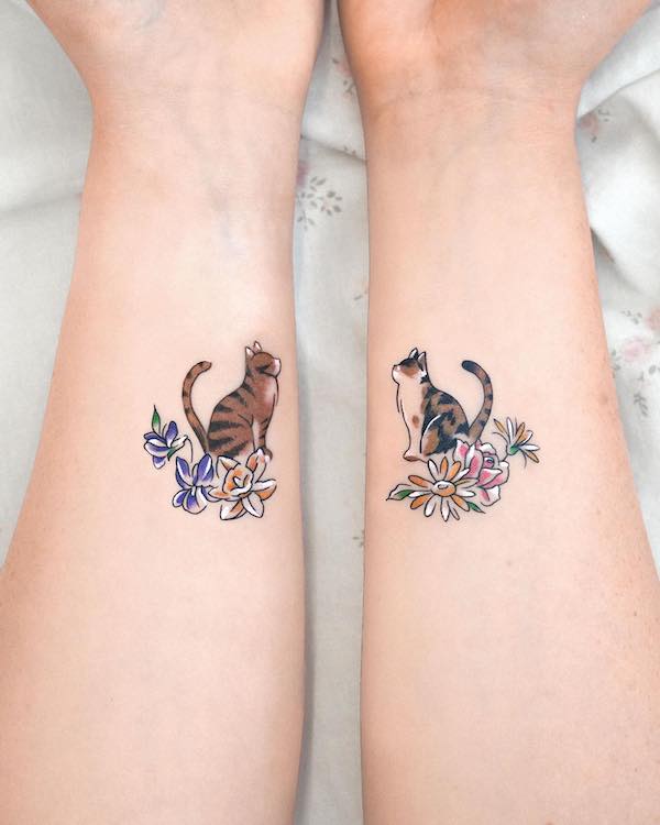 Matching forearm tattoos for cat lovers by @eden_tattoo