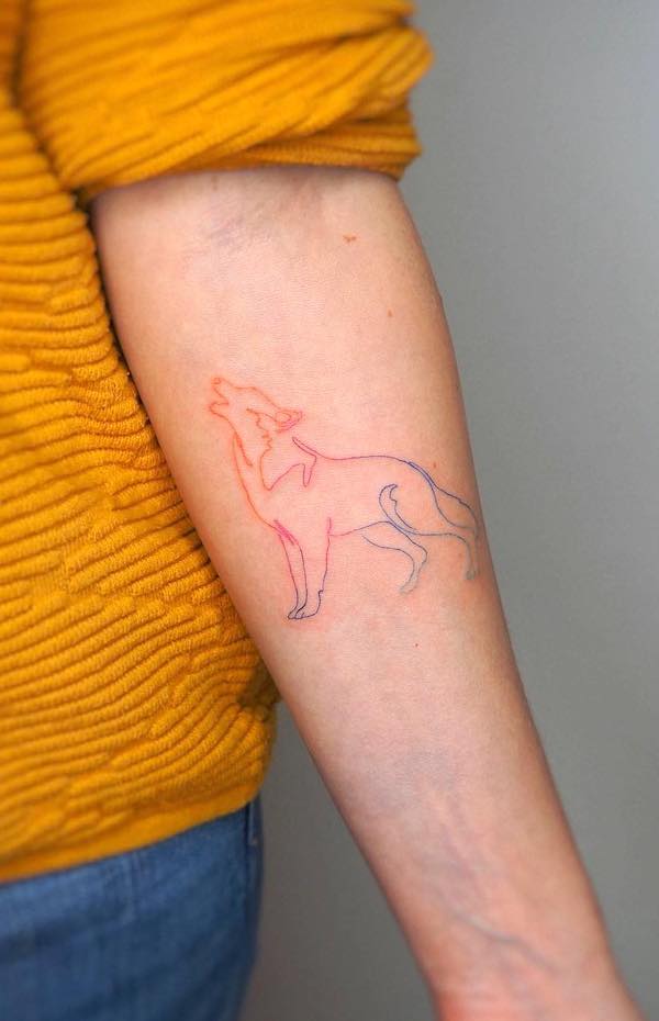 Rainbow color wolf outline tattoo by @moni_lien_pham