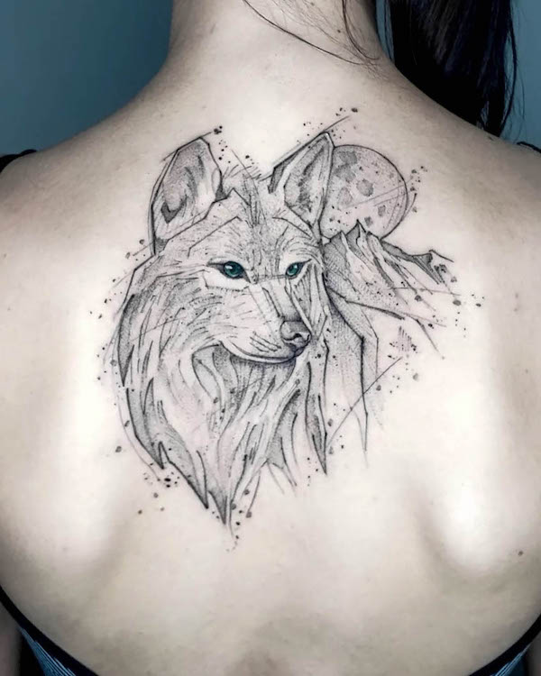Sketch style wolf and mountain back tattoo by @maykonramalho