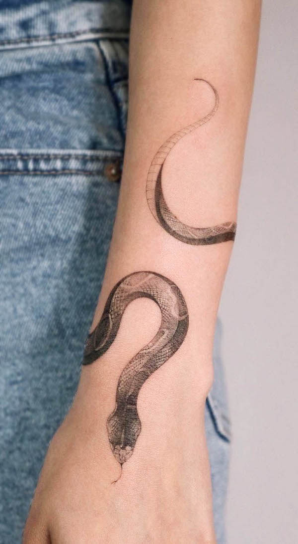 Snake forearm tattoo by @choseung.tat