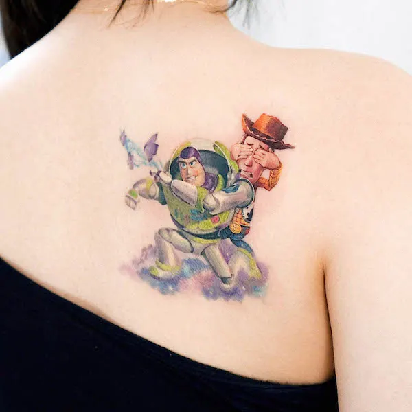 Toy Story back tattoo by @abii_tattoo