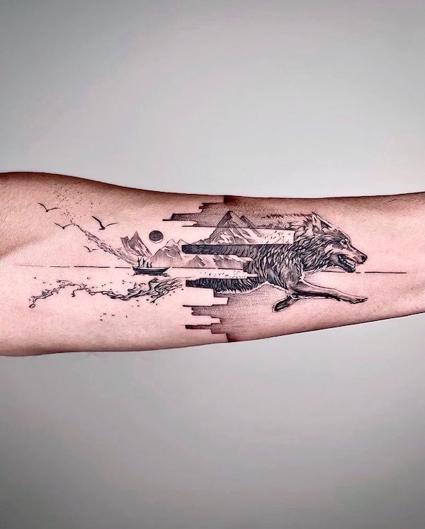Wolf landscape tattoo by @torocsikartroom