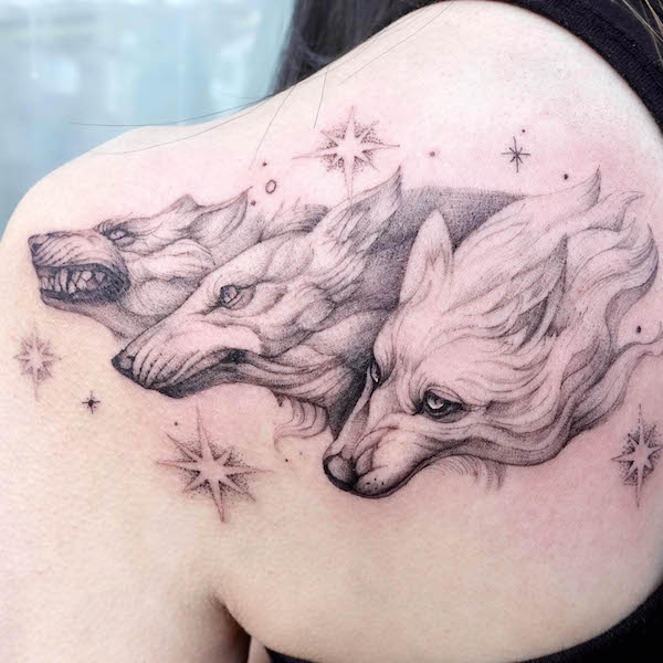 Wolf pack back tattoo by @masa__island