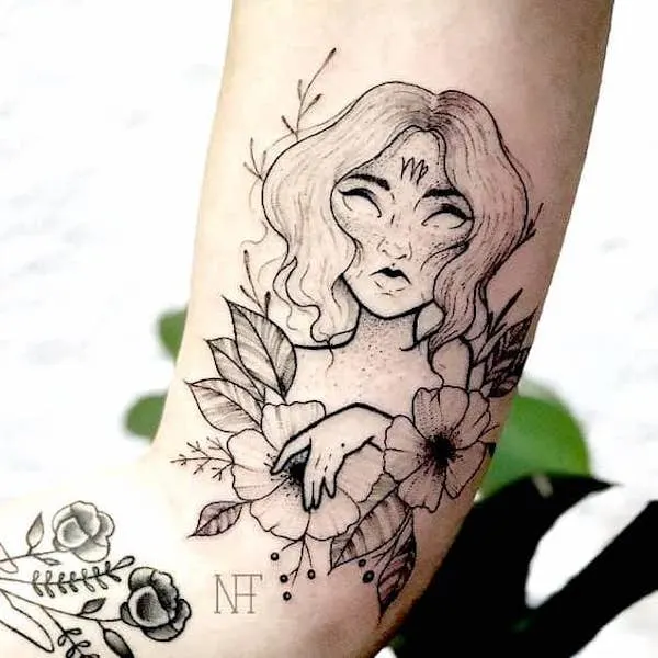 A Virgo goddess tattoo on the arm by @nathaliatattoo