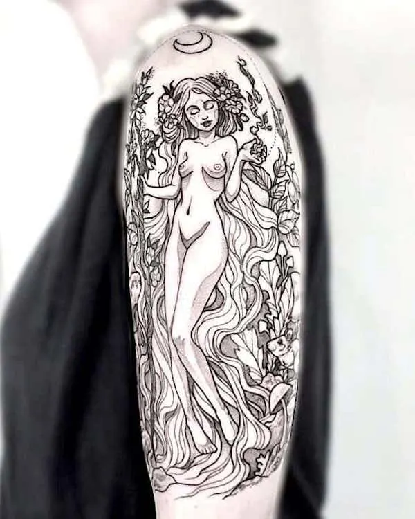 A goddess tattoo with refined details by @lordenstein_art