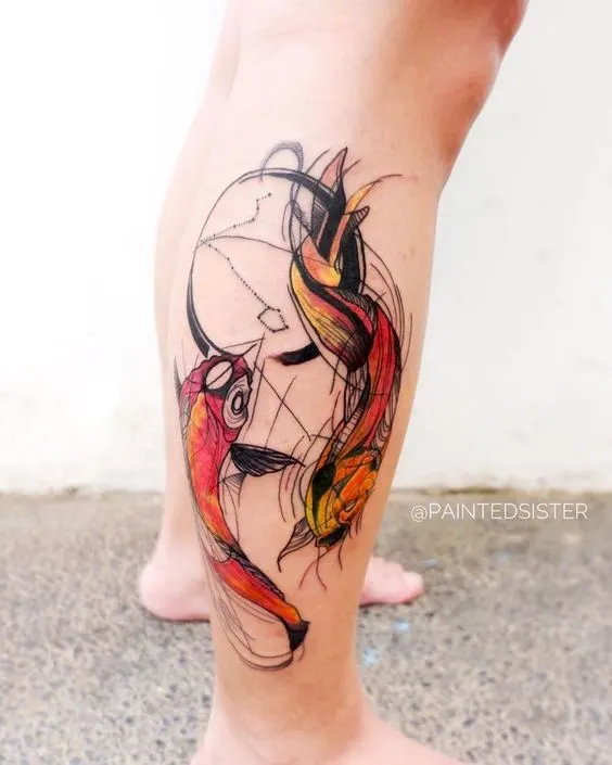 A koi tattoo leg tattoo for Pisces men by @paintedsister
