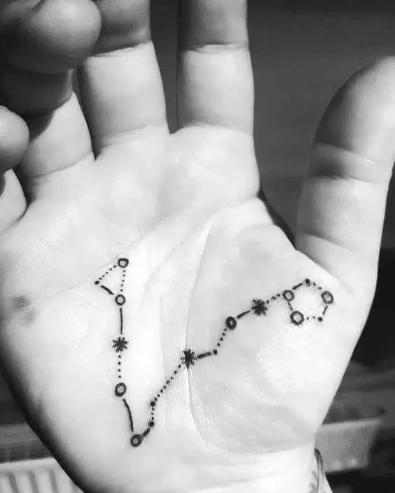 A palm tattoo of the Pisces constellation by @destroink