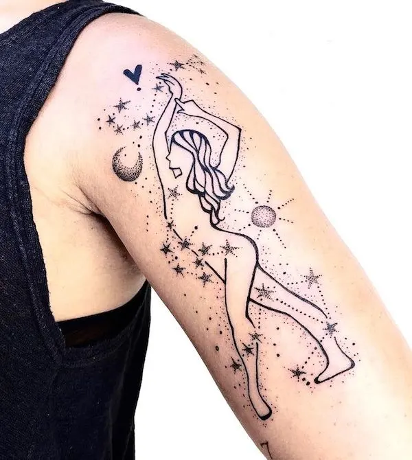 A sleeve tattoo twined with Scorpio Aquarius and Libra constellation by @mariana.pranaink