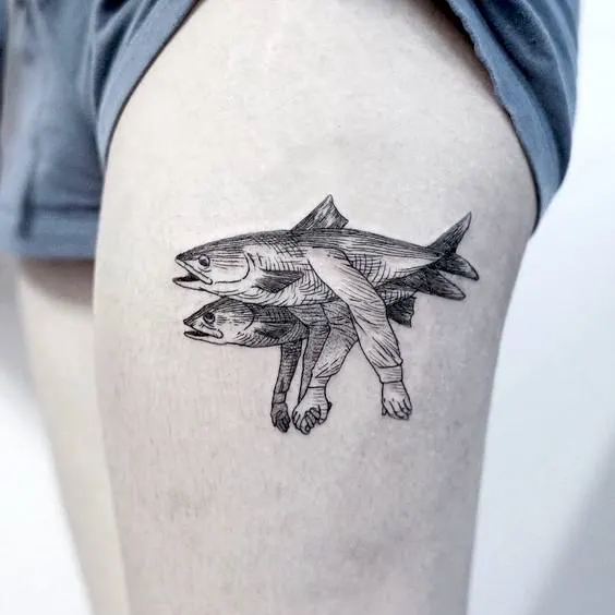A thigh tattoo with a unique sense of humor by @lhkiosk
