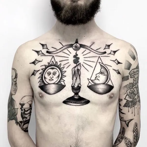Balance of the energy chest tattoo for Libra by @wilczybilet_tattoo