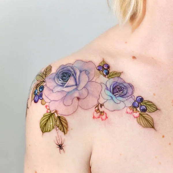 Blue berries and flower tattoo by @chaewha_ink