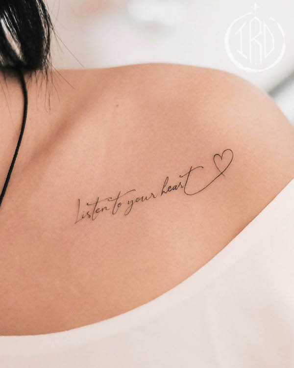 Collarbone quote tattoo for women by @nhi.ink