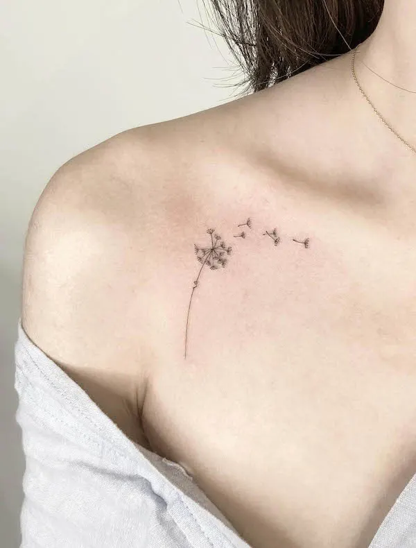 Dandelion flower collarbone tattoo by @playground_tat2