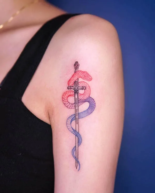Two-color snake and sword sleeve tattoo by @baam.kr