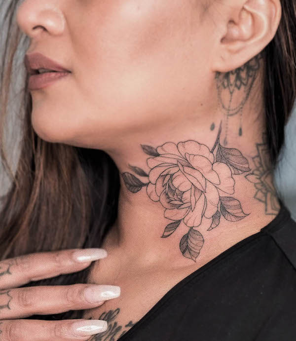 Fine line rose neck tattoo by @aura.one_