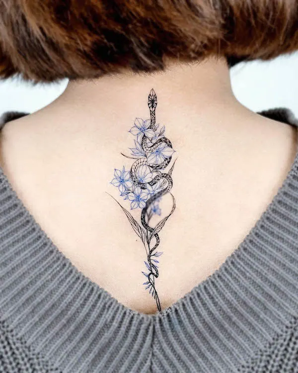 Flowers and dragon neck tatttoo by @bium_tattoo