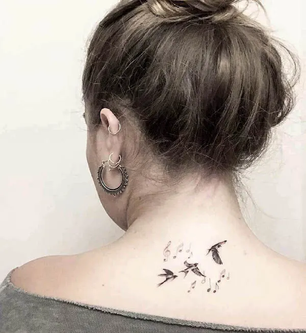 Fly away birds tattoo on the back of neck by @punkibel