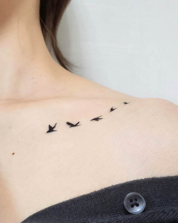 Flying birds collarbone tattoo by @j.ryong__tattoo