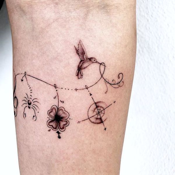 Hummingbird compass tattoo by @sashaink