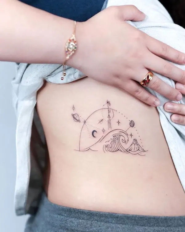 Fine line wave tattoo on the rib | Rib tattoos for women, Waves tattoo,  Feminine tattoos