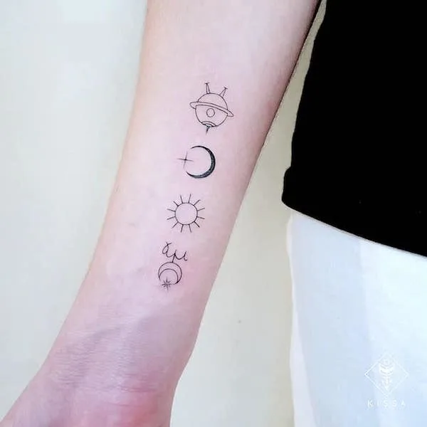 Minimalist zodiac and planet symbol tattoos by @kissa.tattoo