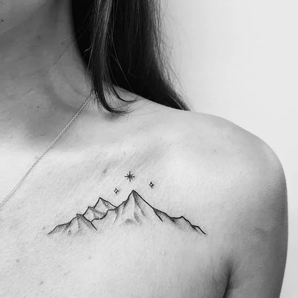 Mountain collarbone tattoo for women by @acacia_lana_tattoos