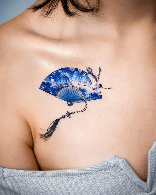 Oriental landscape fan tattoo by @e.nal.tattoo