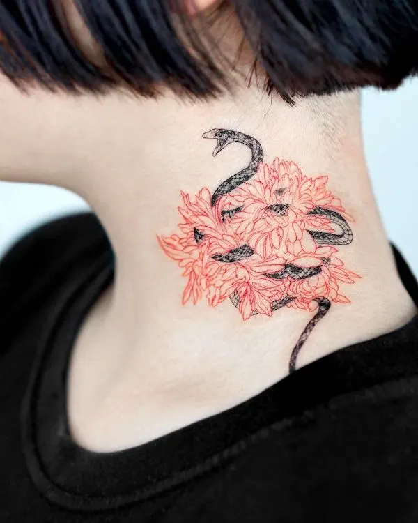 Red flowers and snake side neck tattoo by @bium_tattoo
