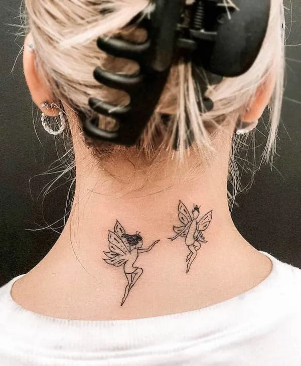 Small fairies on the back of neck by @hybridink.helsinki