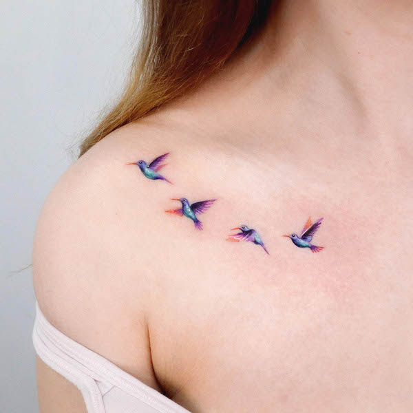 Grey Ink Bird Tattoos On Left Collarbone