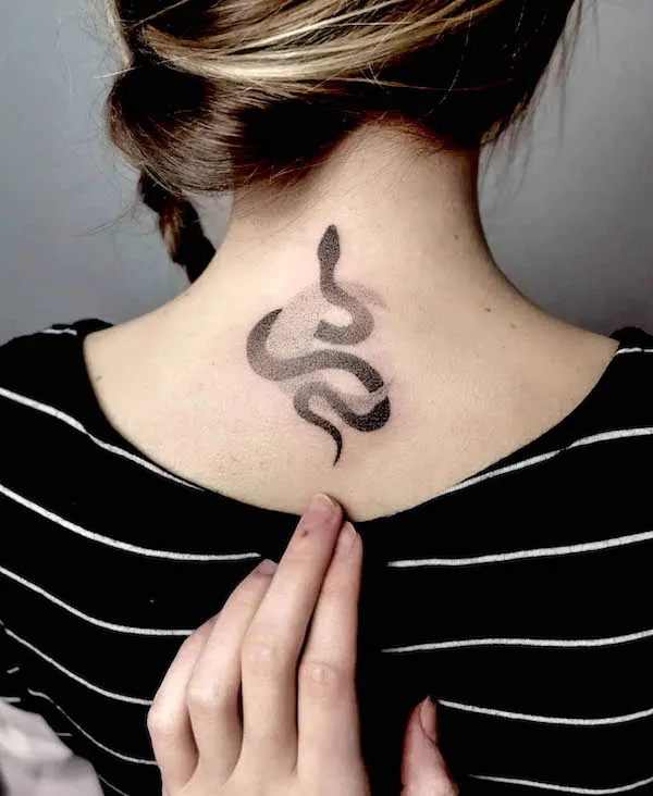 Snake and moon neck tattoo for women by @amaris_ink