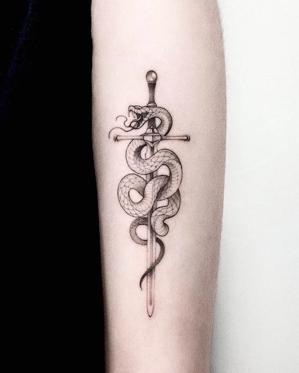 Snake and sword arm tattoo by @aima_tat