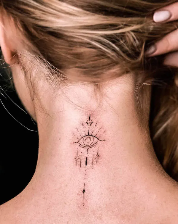 Tiny fine line evil eye neck tattoo by @sonia_ink_