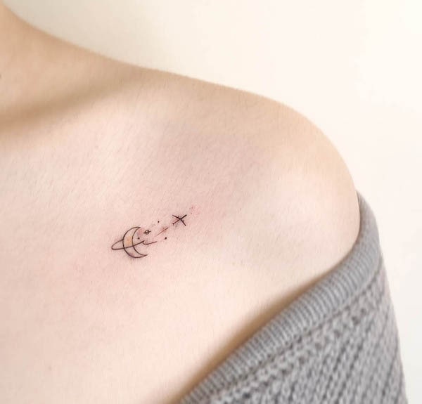 Tiny moon and plane collarbone tattoo by @playground_tat2