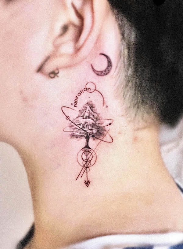 Tree and arrow neck tattoo by @studio_jaw