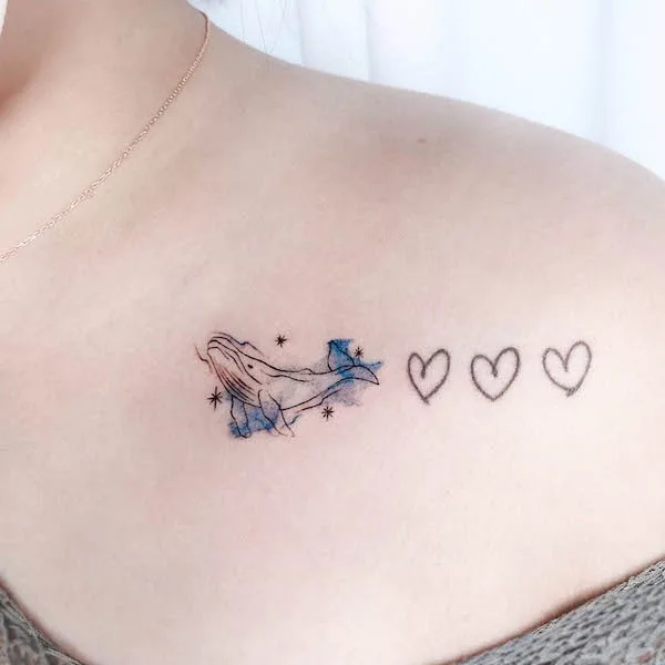 Whale and hearts collarbone tattoo by @plastic_tattoo
