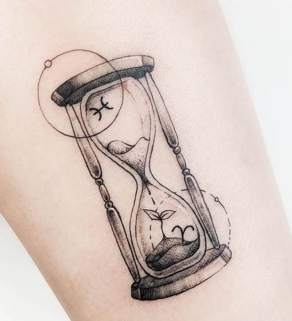 Aries and Pisces sand glass tattoo by @macy.tattoo