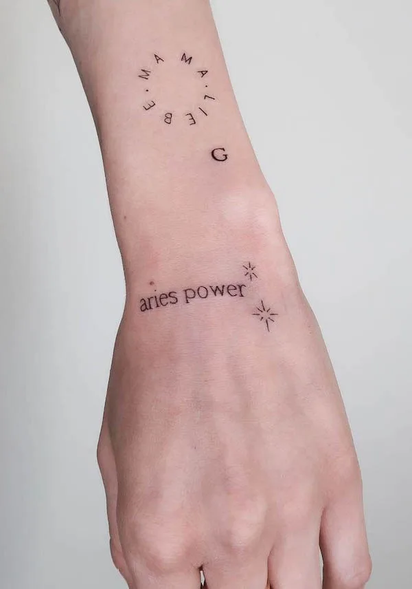 Aries power quote tattoo by @nadelhaft.tattooatelier