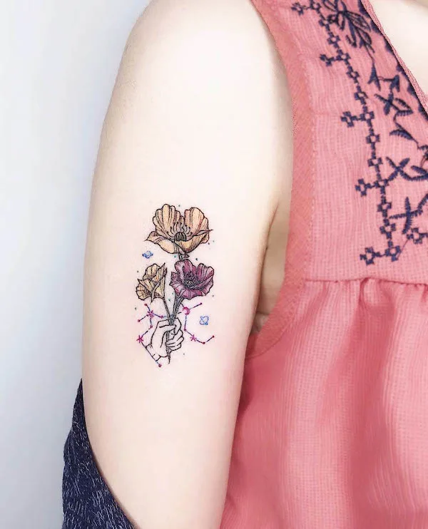 Bouquet and Gemini stars tattoo by @ioioiotattoo