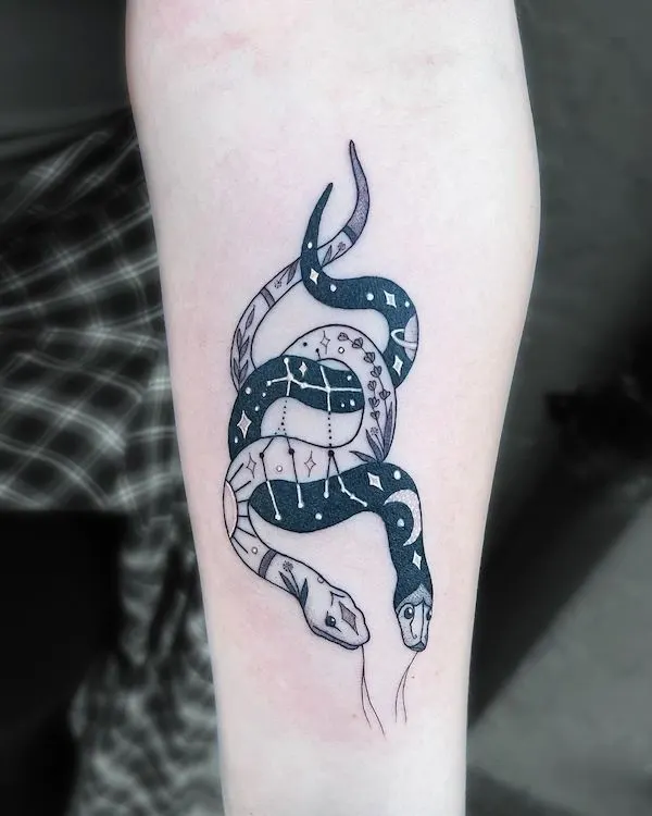 Double snakes tattoo by @s.q.u.i.d.vicious