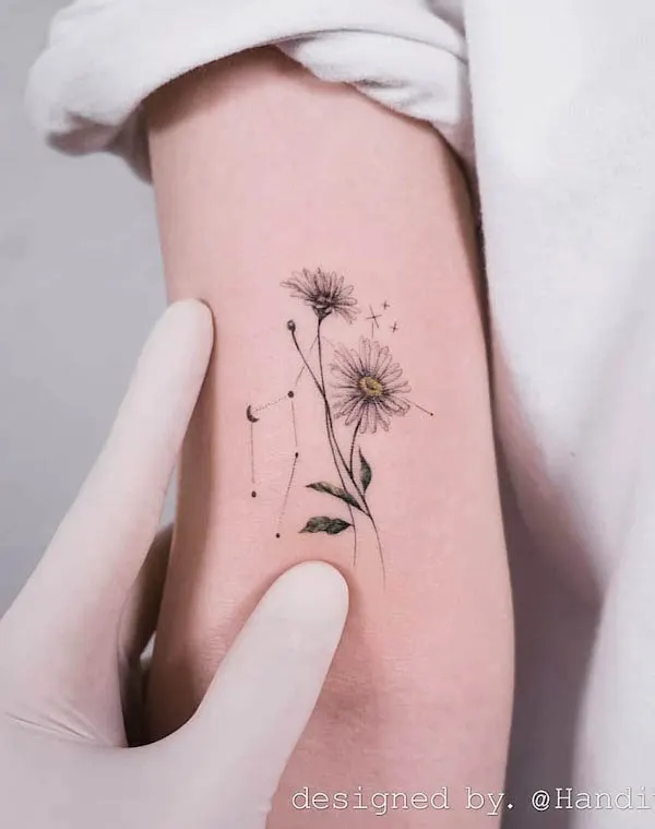 Minimalist flower and Gemini star tattoo by @handitrip