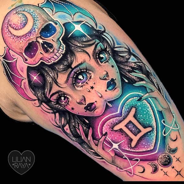 Neon color Gemini tattoo by @lilianraya