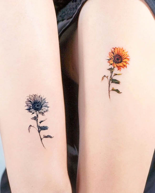 Sunflower matching tattoos by @tilda_tattoo