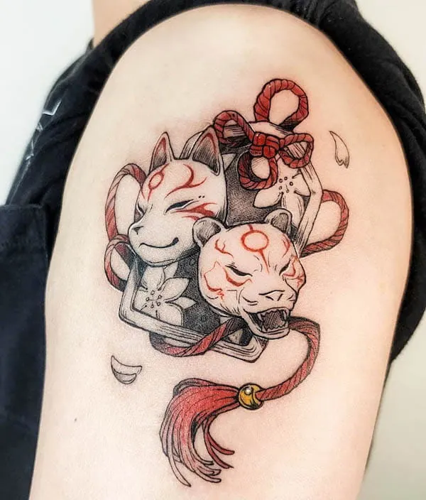 Japanese fox mask tattoo by @macy.tattoo