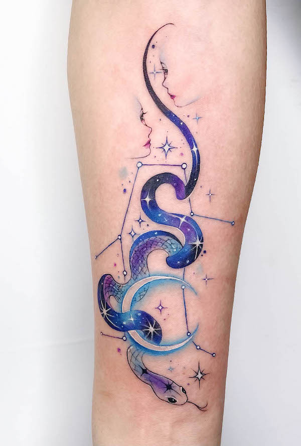 Whimsical snake tattoo by @polly_shenyintattoo