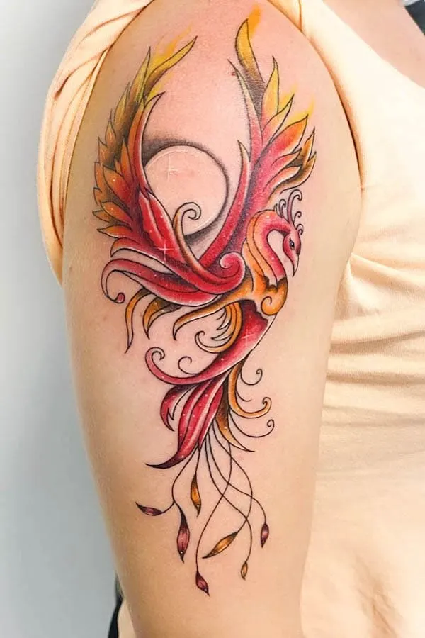 Red phoenix sleeve tattoo by @astrolabium_tattoo