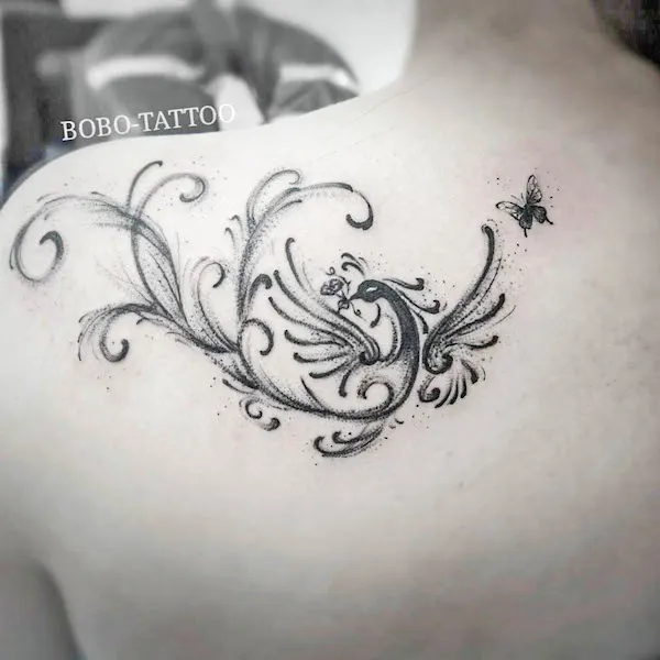 Phoenix and butterfly tattoo by @boboxqueen