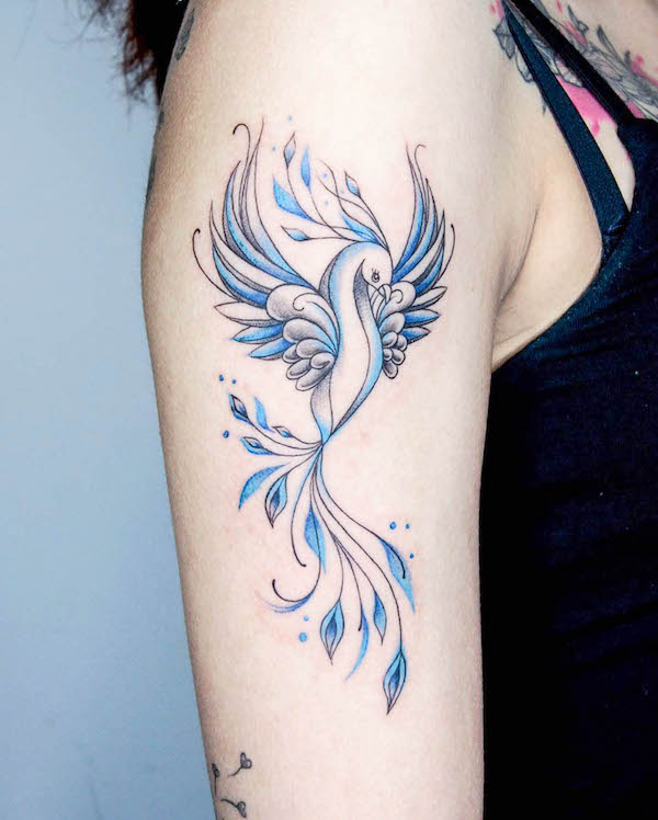 Blue phoenix sleeve tattoo by @elly_tattooist