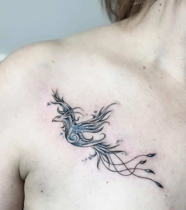 Shiny phoenix collarbone tattoo by @juliasaccardo