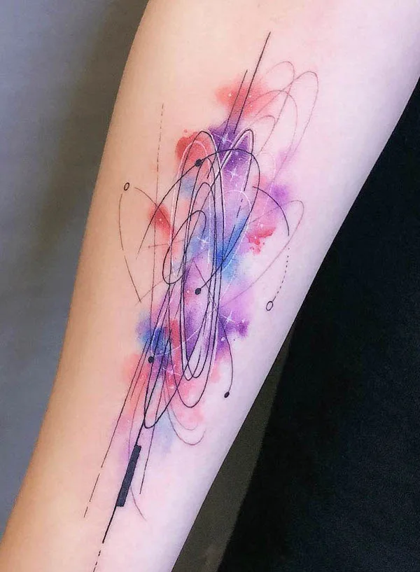 Abstract orbit watercolor tattoo by @doggy_tattooist